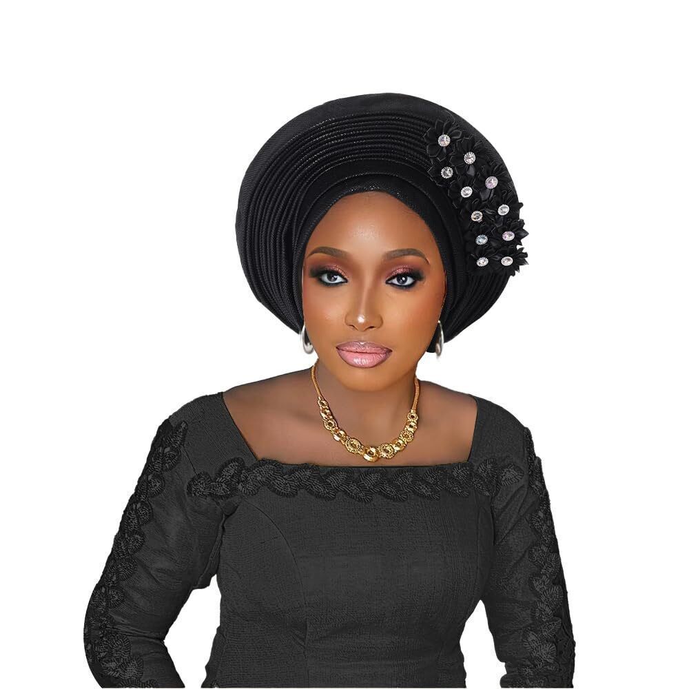 5196 Auto Gele African Head Wrap, Ready-to-Wear Turban with Crystal Flower